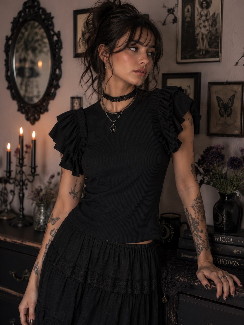 Stem & Vine Romantic Goth Ruffle Ribbed Sleeveless Top Size M